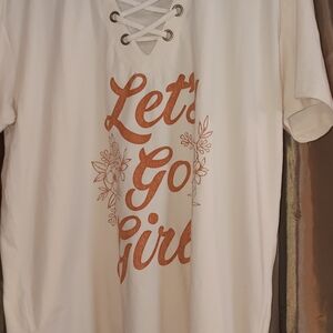 Women's White Lace-Up Tee with Orange Print